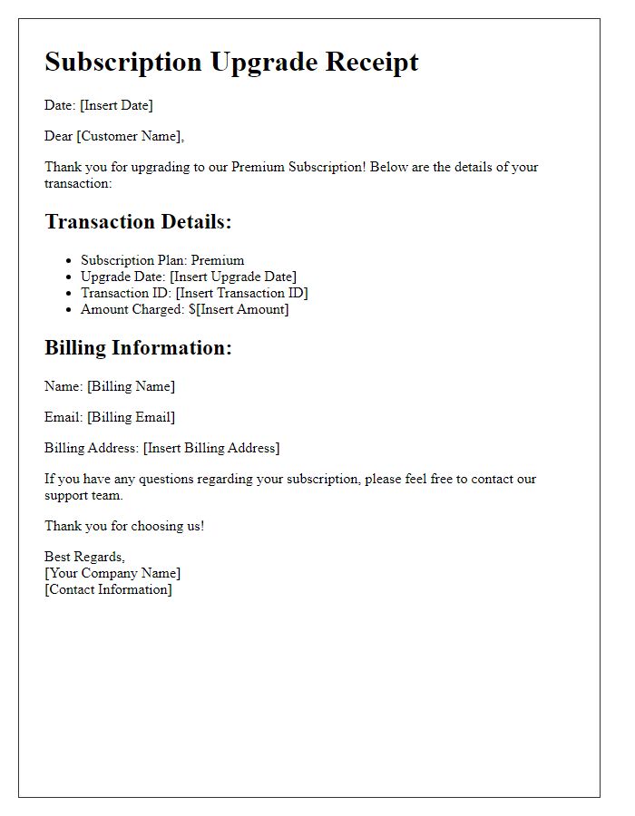 Letter template of premium subscription upgrade receipt