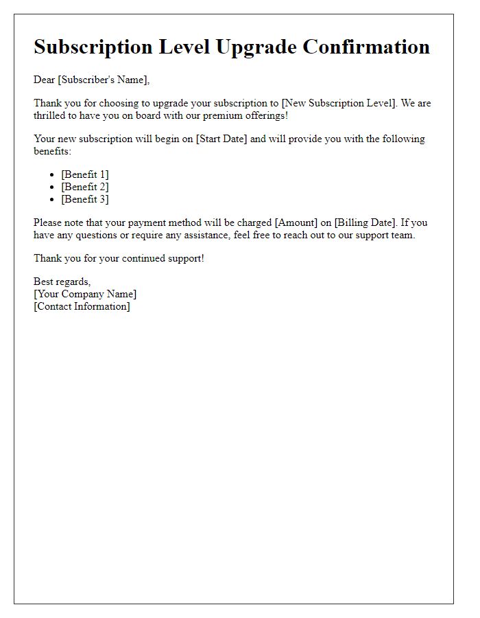 Letter template of subscription level upgrade confirmation