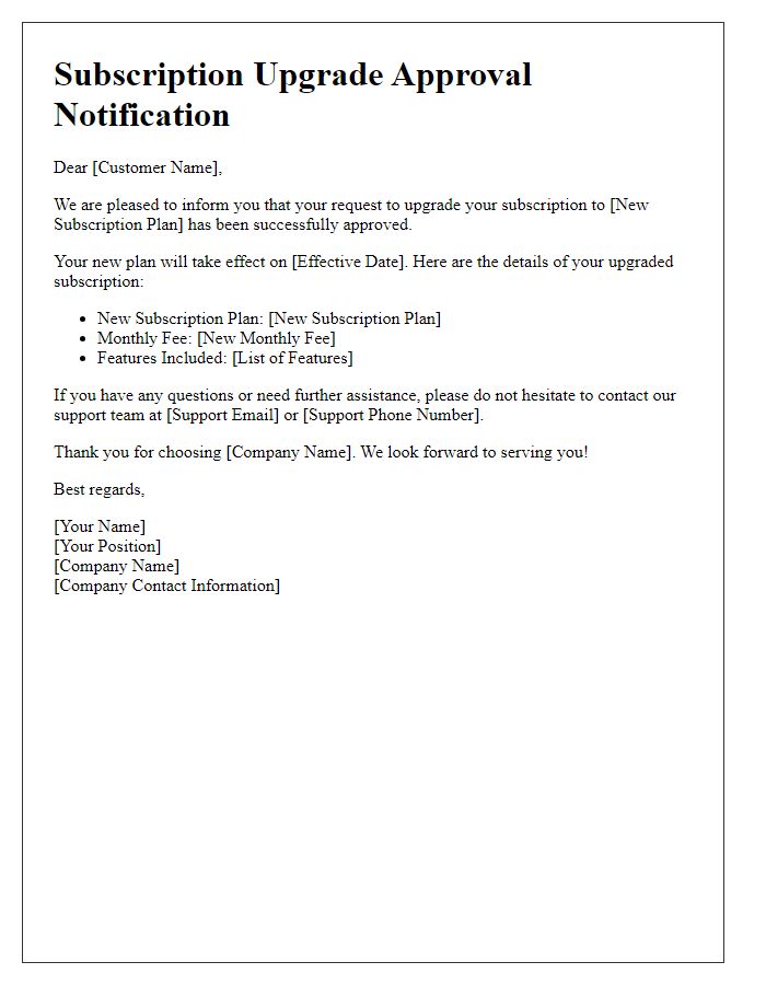 Letter template of subscription upgrade approval notification