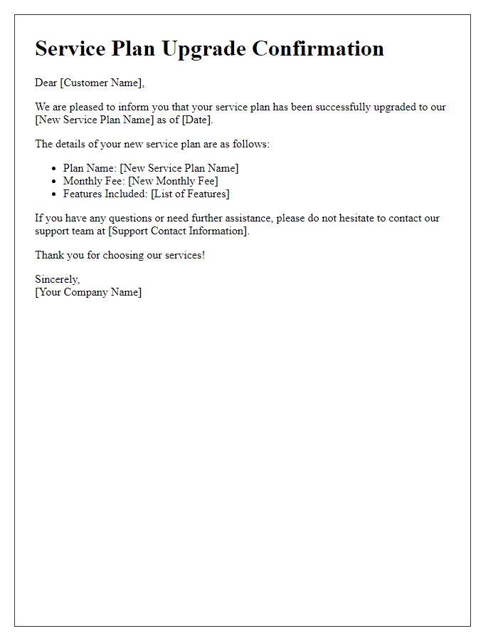 Letter template of upgraded service plan confirmation