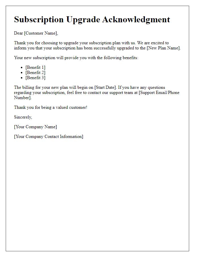 Letter template of upgraded subscription plan acknowledgment