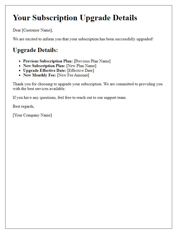 Letter template of your subscription upgrade details
