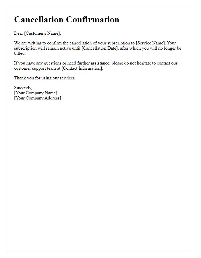 Letter template of cancellation confirmation for service subscription