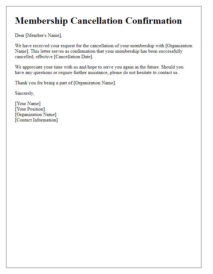 Letter template of confirmation for membership cancellation