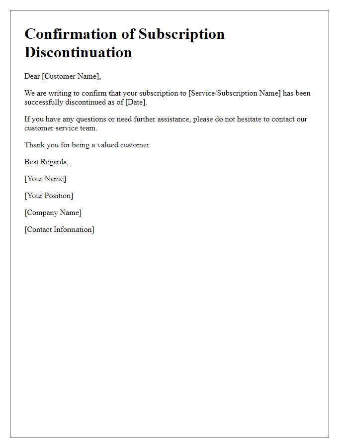 Letter template of confirmation for subscription discontinuation