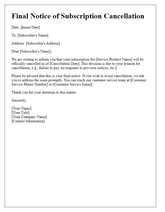 Letter template of final notice for subscription cancellation