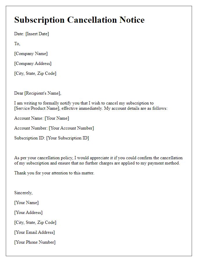 Letter template of formal subscription cancellation notice