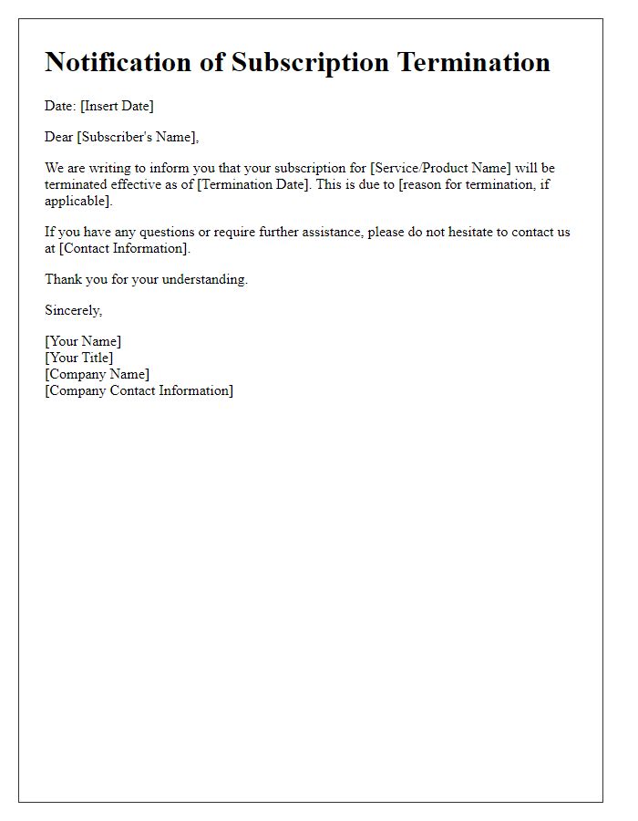 Letter template of notification for subscription termination