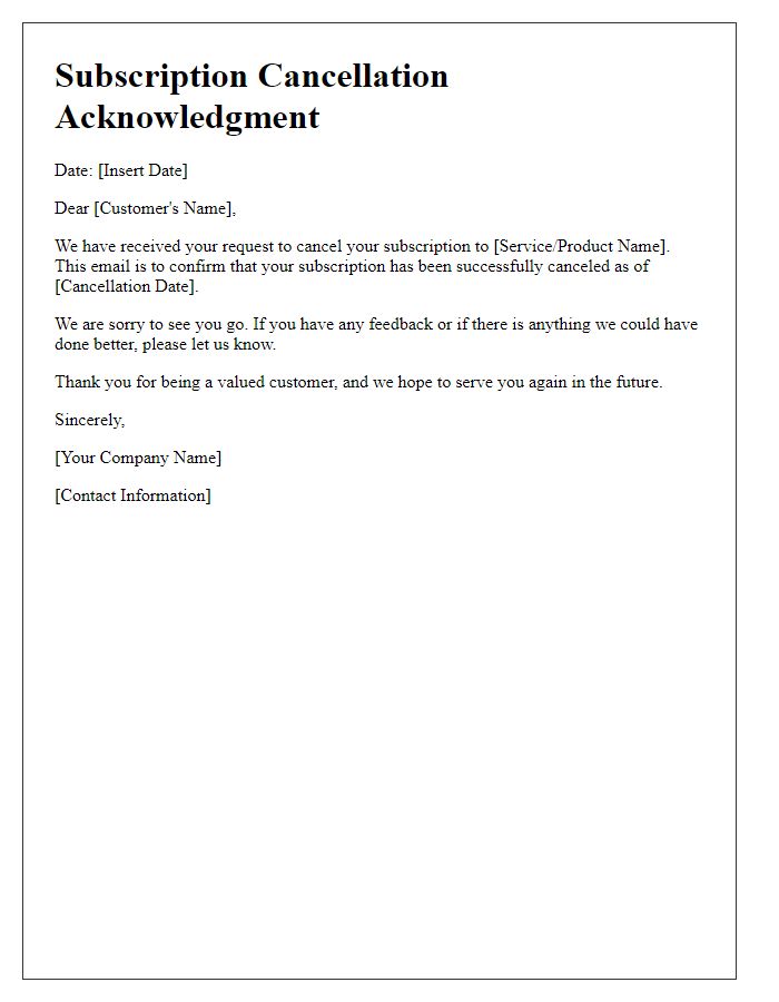 Letter template of subscription cancellation acknowledgment