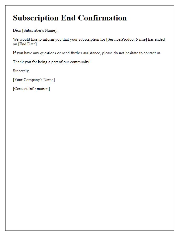 Letter template of subscription end confirmation