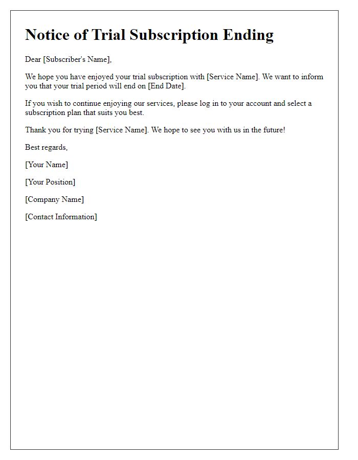 Letter template of ending trial subscription