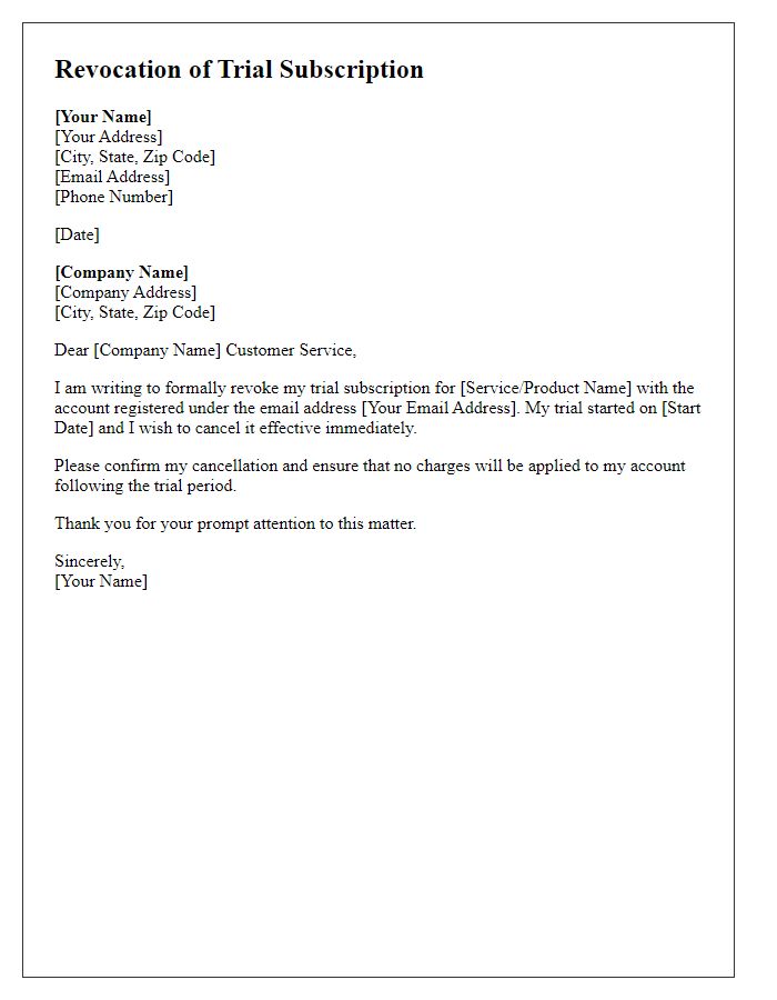 Letter template of revoking trial subscription