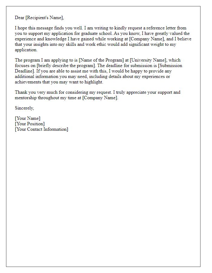 Letter template of employee reference request for graduate school admission.