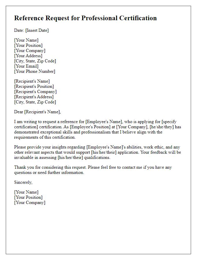 Letter template of employee reference request for professional certification.