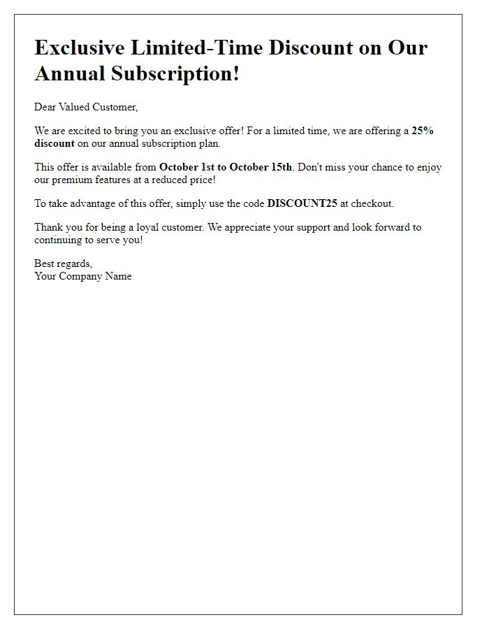 Letter template of limited-time discount on annual subscription