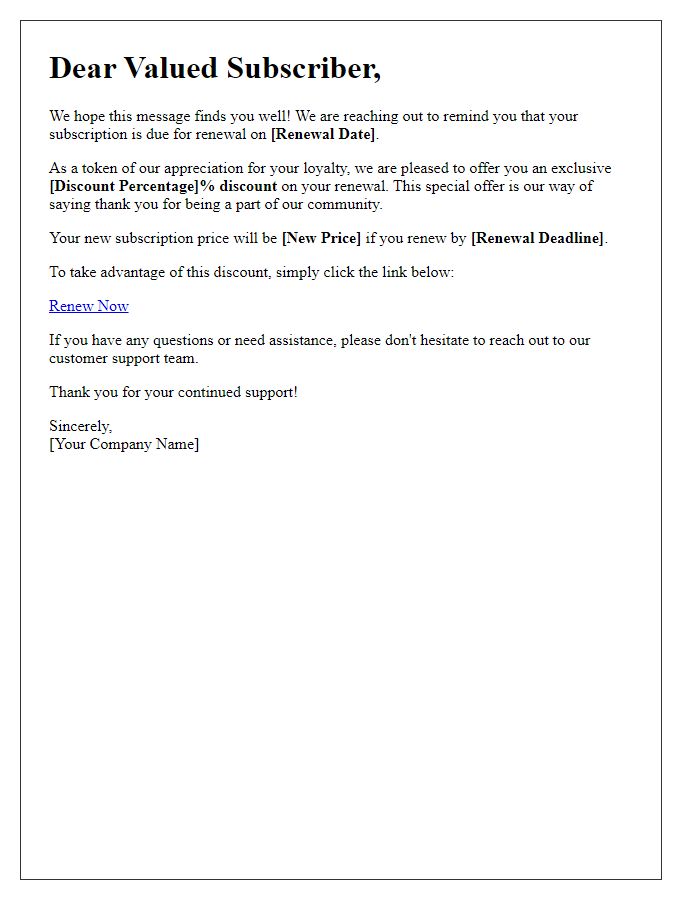 Letter template of renewal notice with subscriber loyalty discount