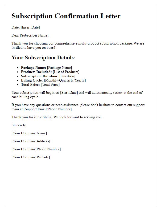 Letter template of comprehensive multi-product subscription package