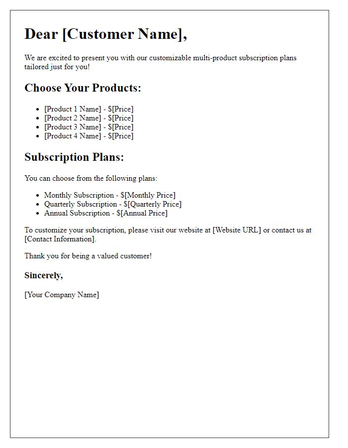 Letter template of customizable multi-product subscription plans