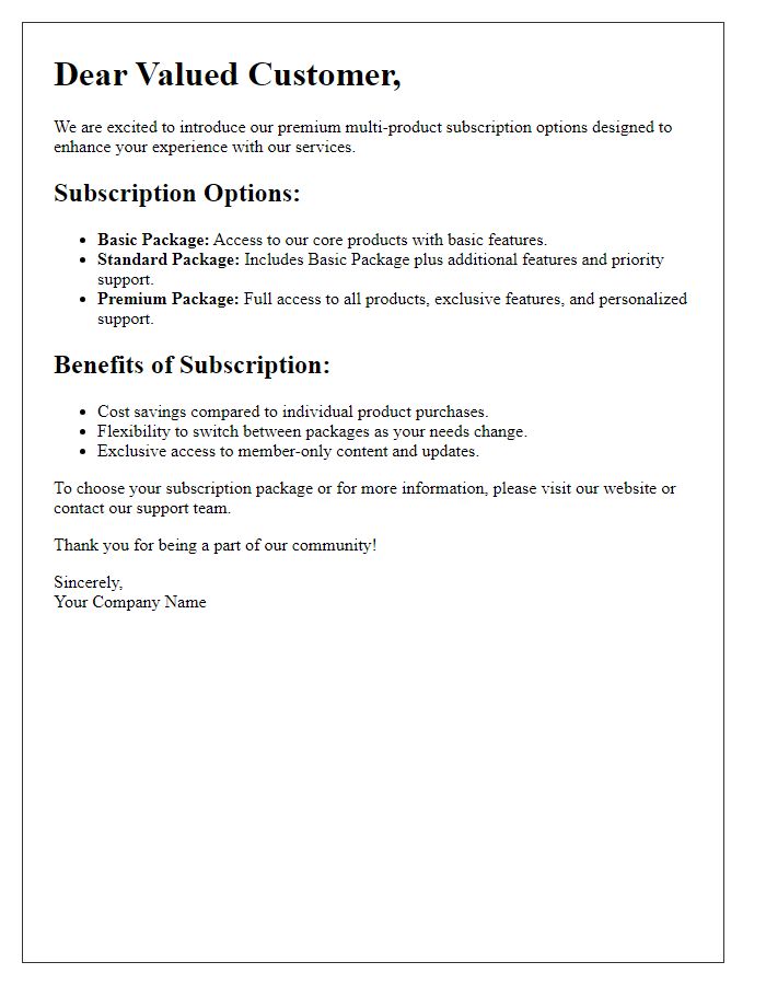 Letter template of premium multi-product subscription choices