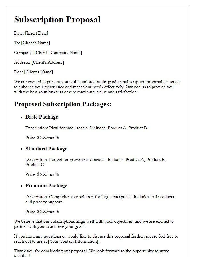 Letter template of tailored multi-product subscription proposal