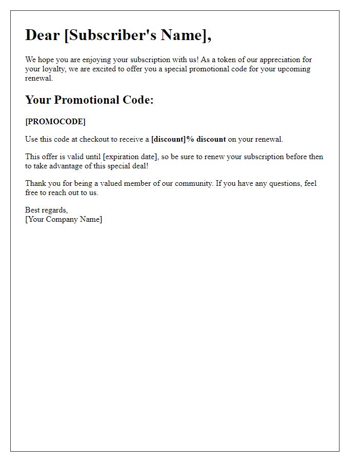 Letter template of subscription renewal promotional code