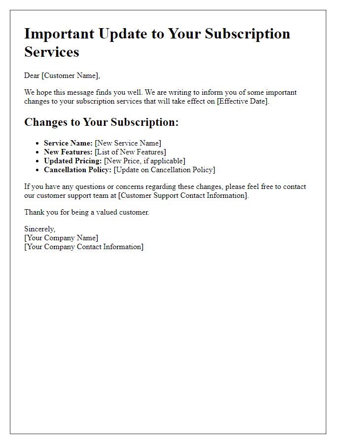 Letter template of changes to subscription services details