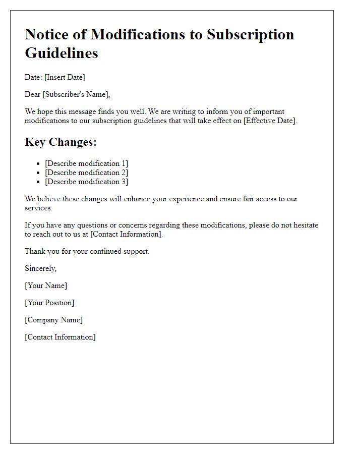 Letter template of modifications to subscription guidelines