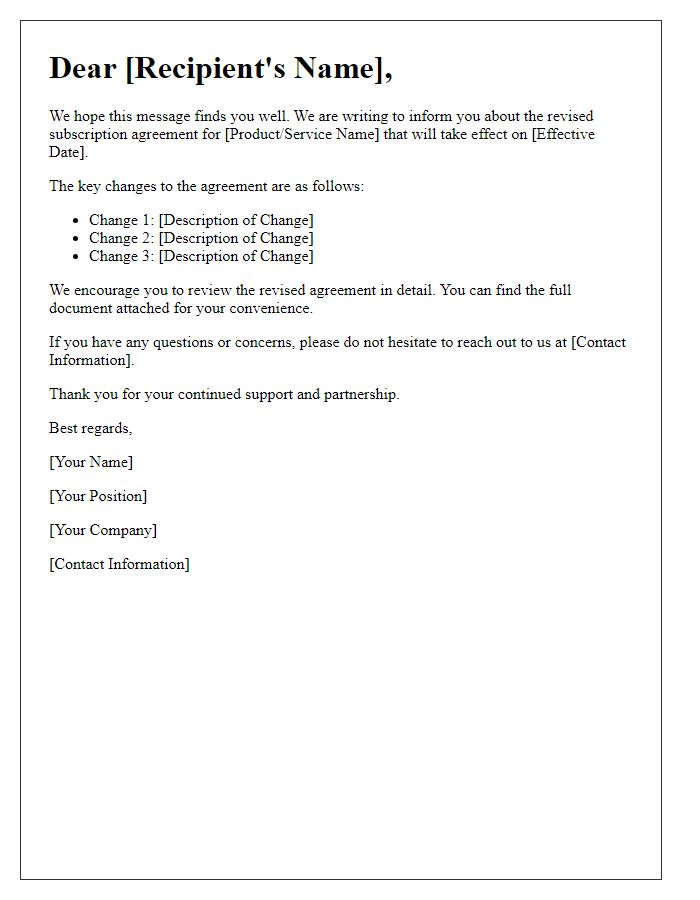 Letter template of revised subscription agreement communication