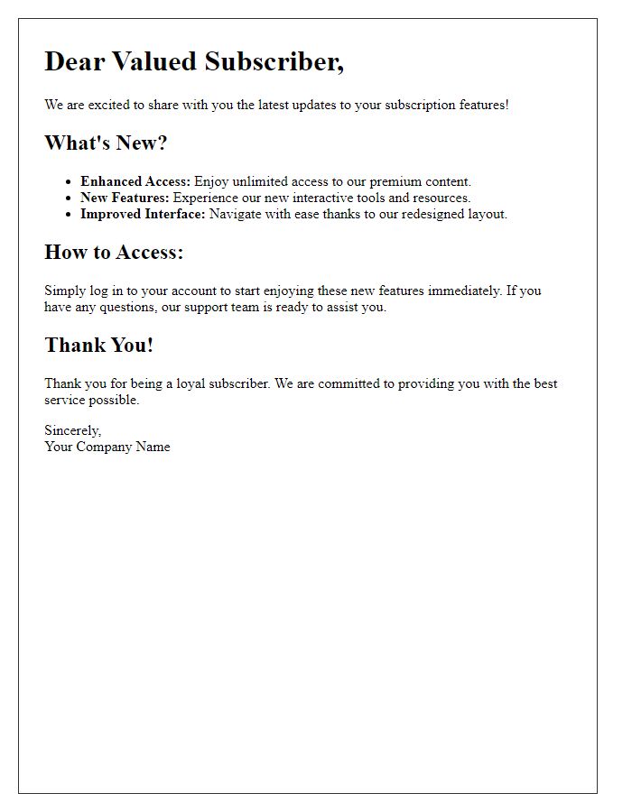 Letter template of updated subscription features explanation