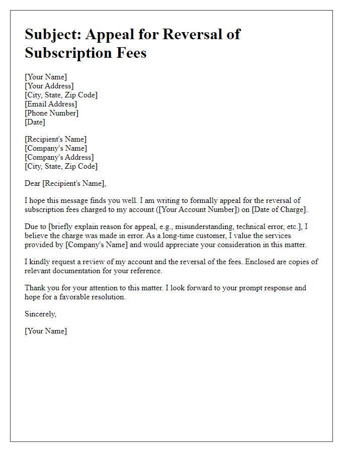 Letter template of appeal for the reversal of subscription fees