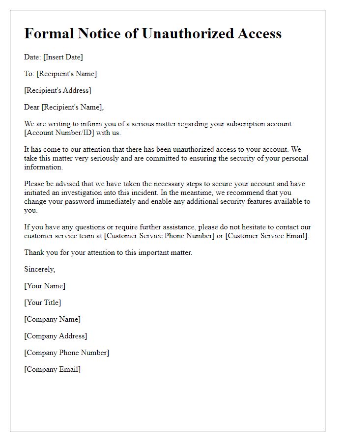 Letter template of formal notice for unauthorized access to subscription account