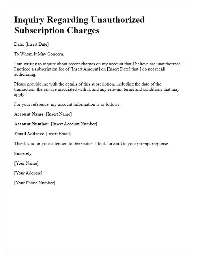 Letter template of inquiry about unauthorized subscription charges