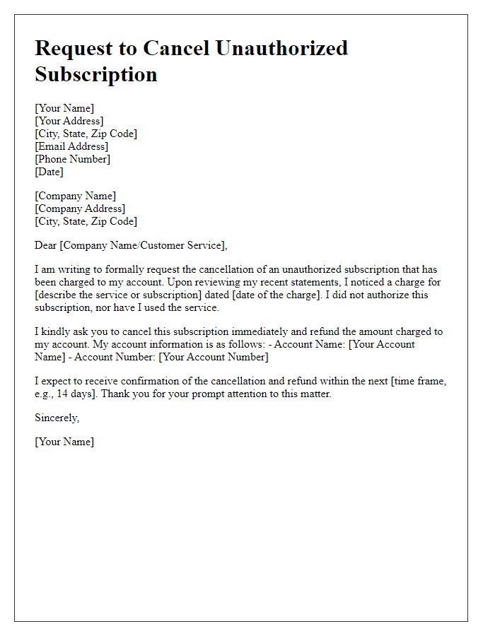 Letter template of request to cancel unauthorized subscription access