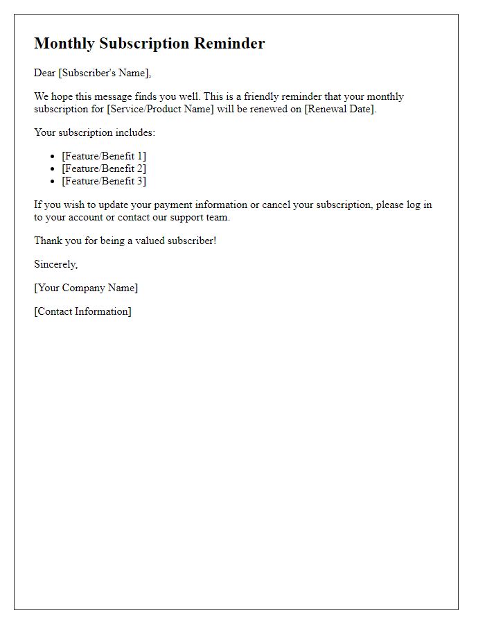 Letter template of monthly subscription reminder