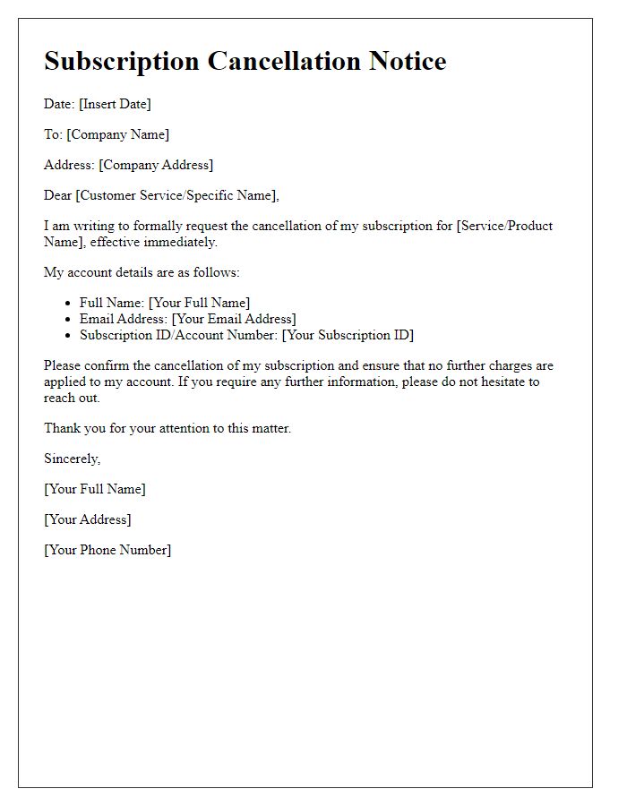 Letter template of subscription cancellation notice