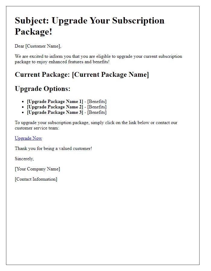 Letter template of subscription package upgrade