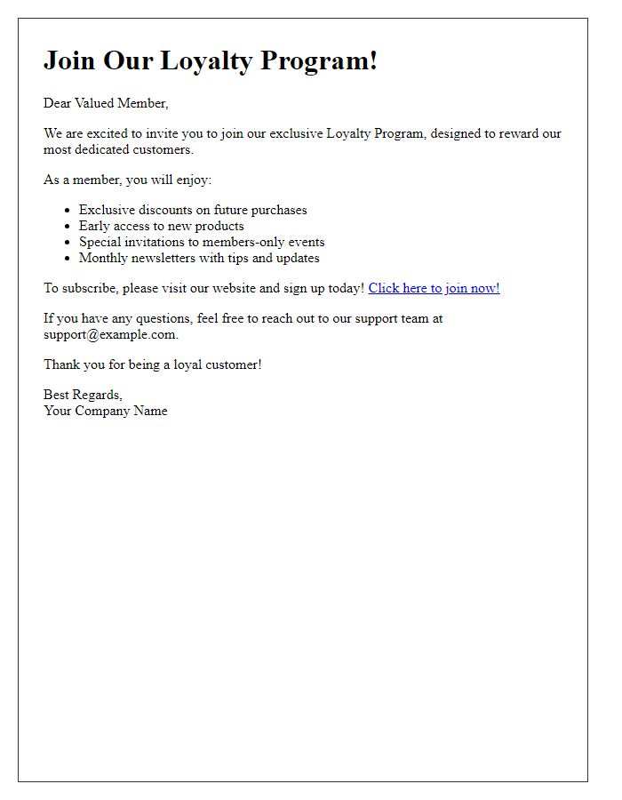 Letter template of membership subscription loyalty invitation