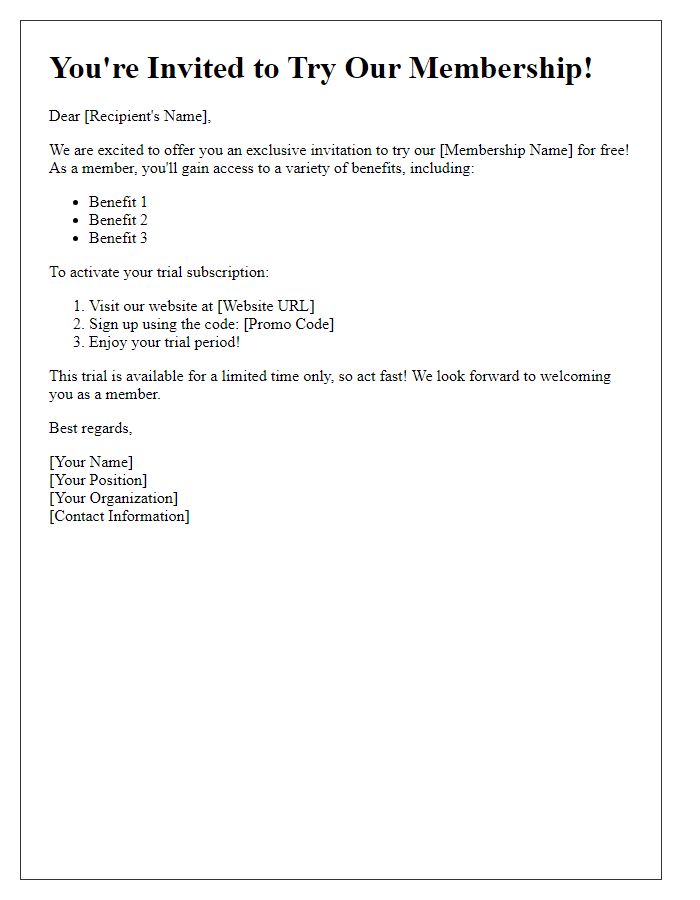 Letter template of membership subscription trial invitation