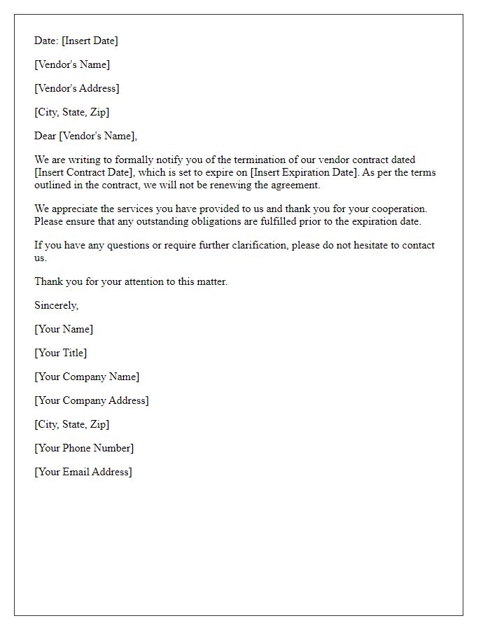 Letter template of Vendor Contract Termination Notice for Expiration of Terms