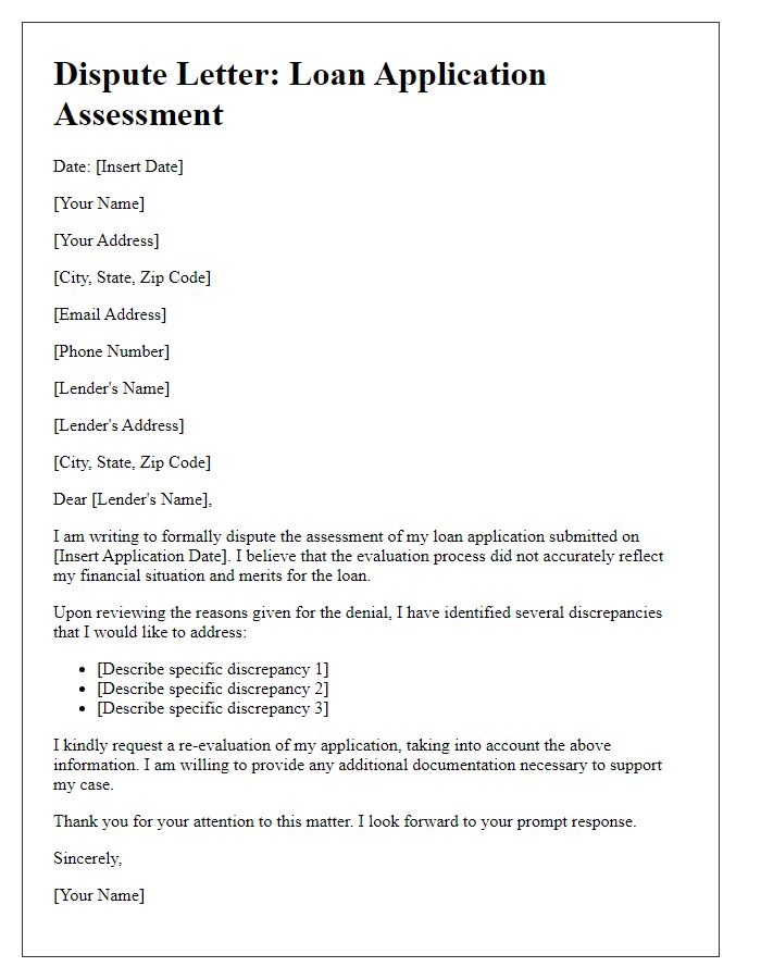 Letter template of dispute regarding loan application assessment