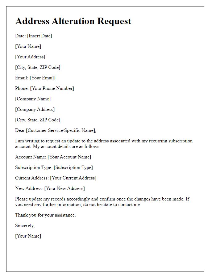 Letter template of address alteration for recurring subscription