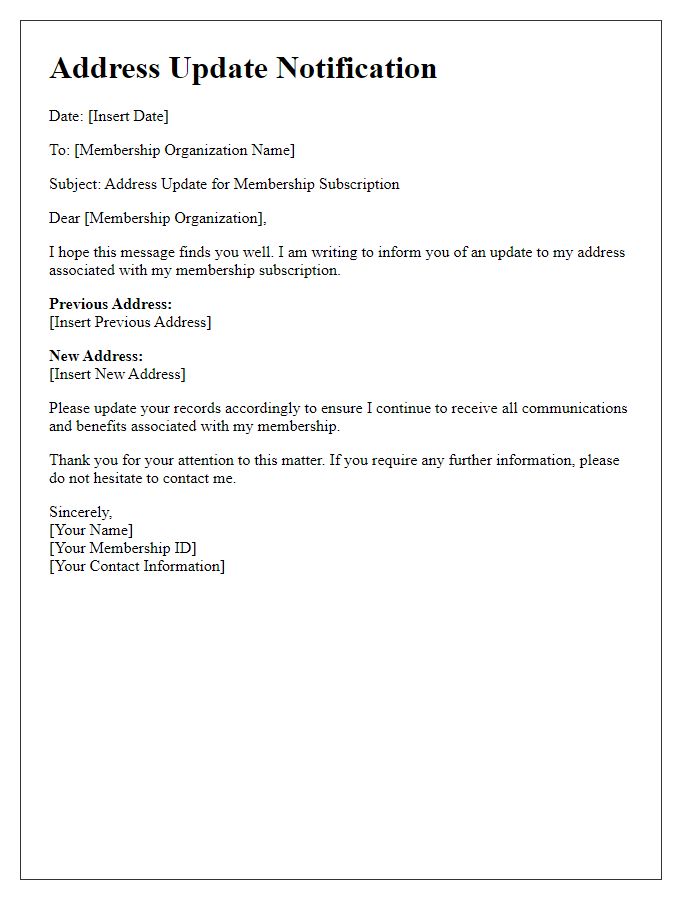 Letter template of address update for membership subscription