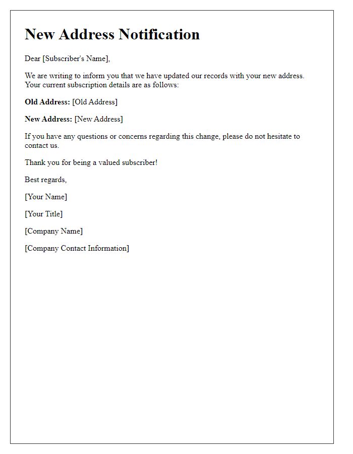Letter template of new address notification for subscription account