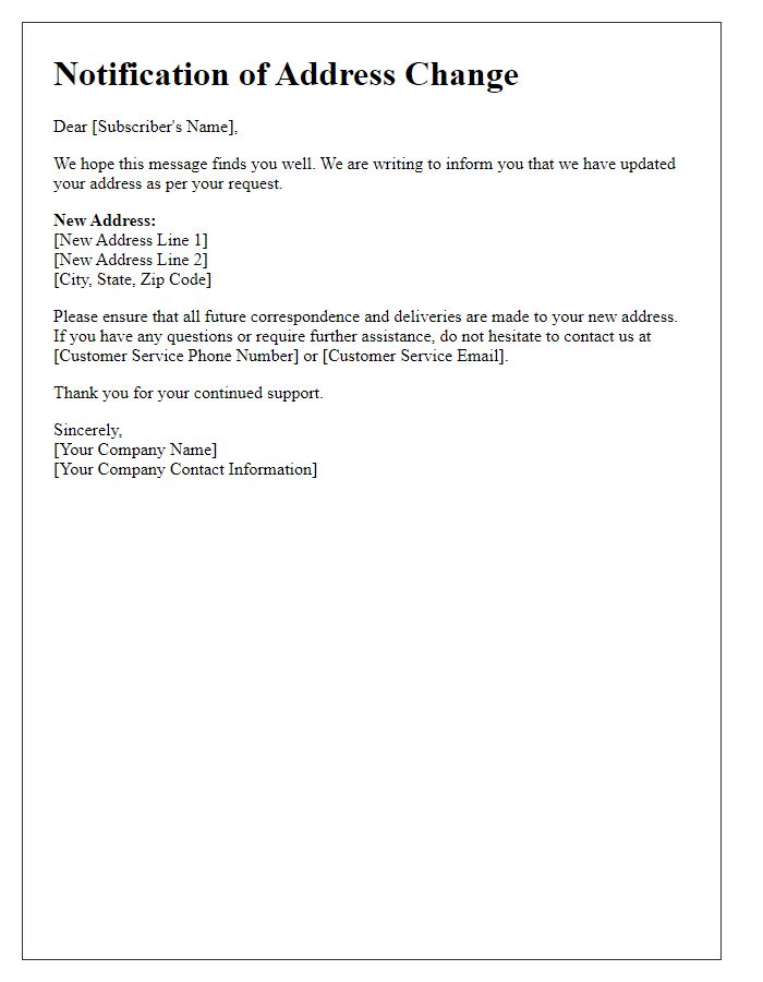 Letter template of notification for address change on subscription