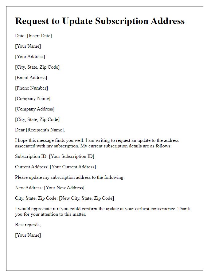 Letter template of request to update subscription address
