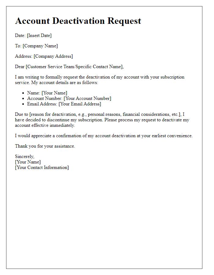 Letter template of account deactivation for subscription service