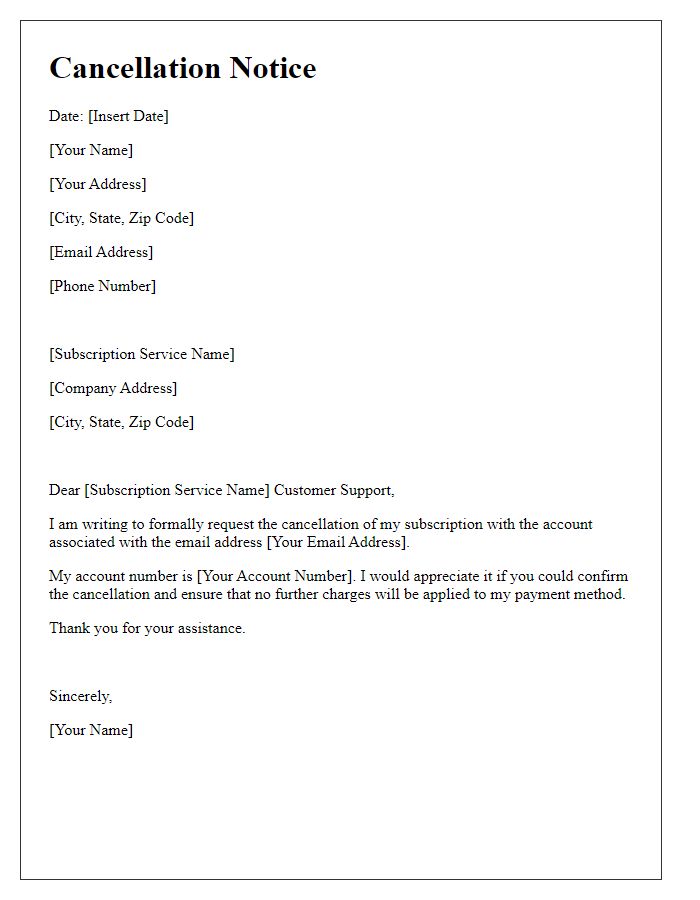 Letter template of cancellation notice for subscription account