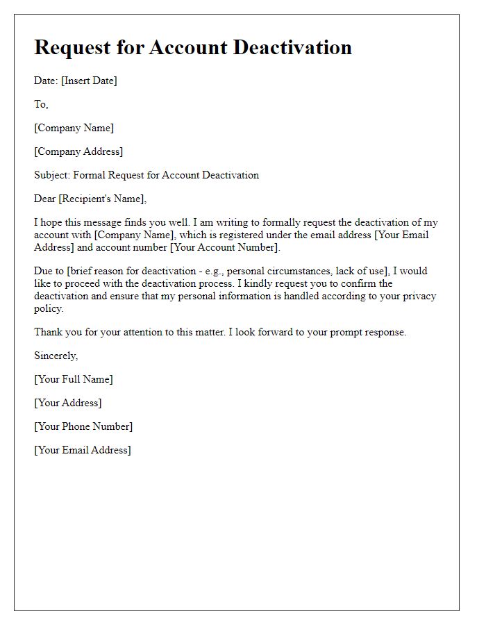 Letter template of formal request for account deactivation