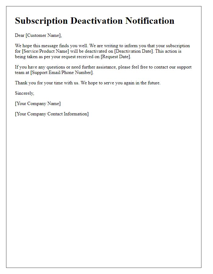 Letter template of notification to deactivate subscription