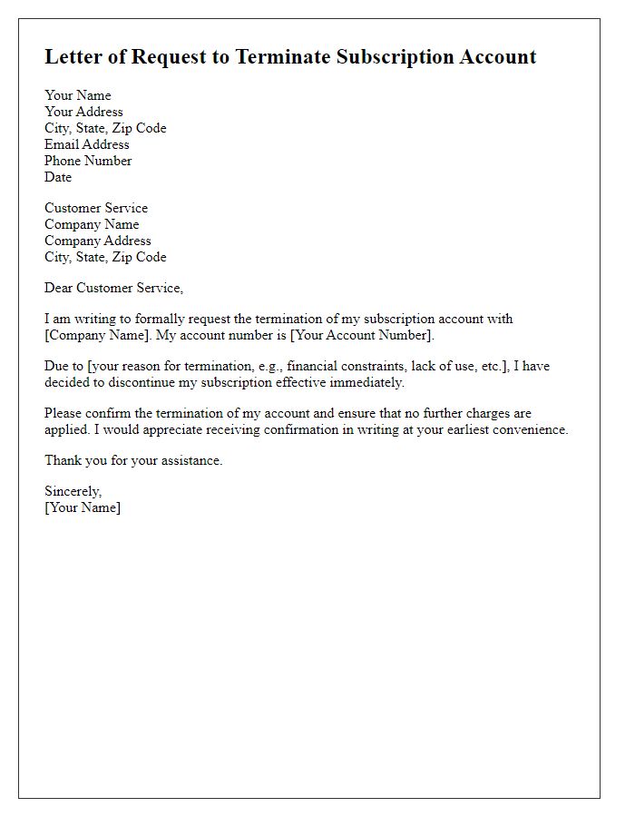 Letter template of request to terminate subscription account